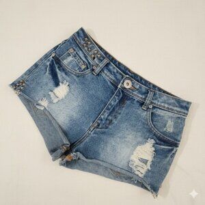 Parisian Chic Studded Ripped Denim Shorts High Waisted‎ Blue Jean Cutoffs